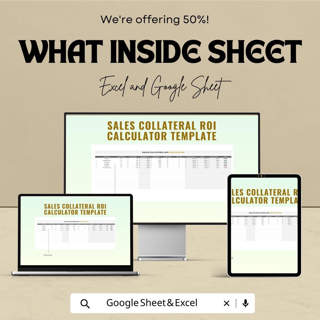 Sales Collateral ROI Calculator Template | Marketing ROI Spreadsheet | Sales Performance Tracker | Revenue Analysis Tool