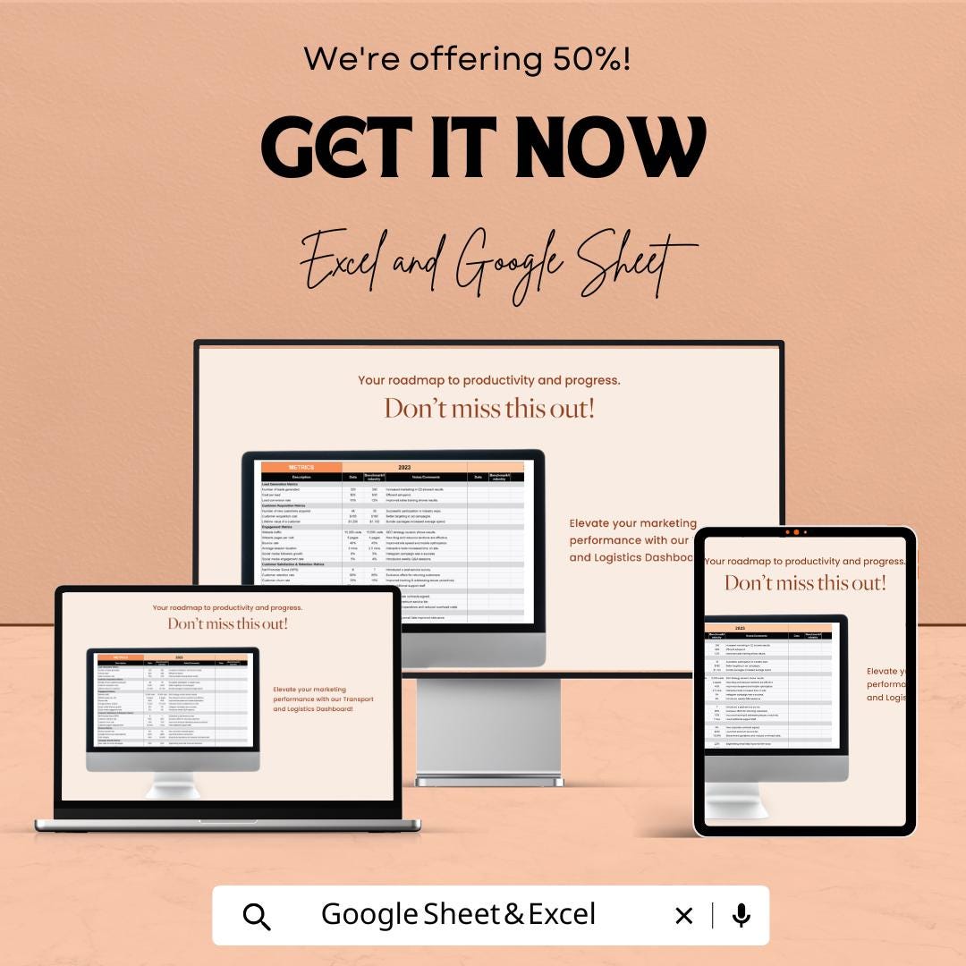 Transport and Logistics Marketing Performance Dashboard Template | KPI Tracking Spreadsheet | Customer Acquisition & Engagement Metrics