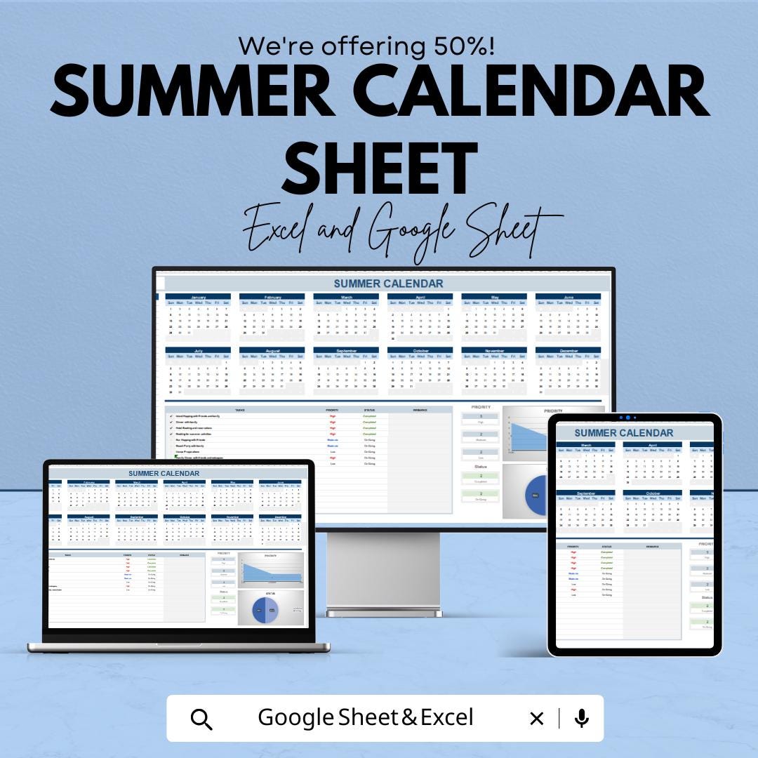 Printable Summer Calendar Sheet 2023 | Google Sheets and Excel | Vacation & Activity Planner | Summer Schedule Organizer