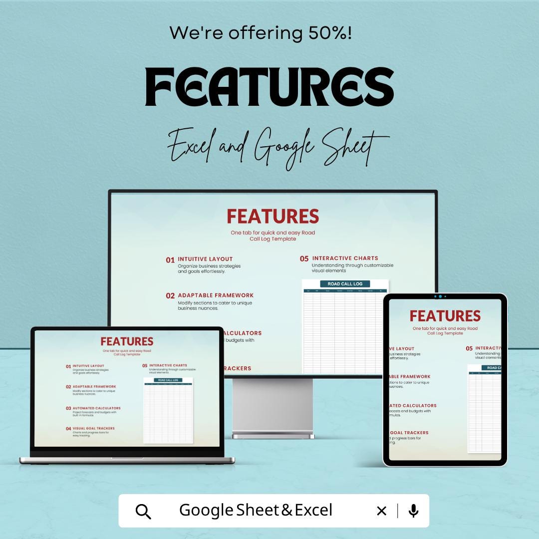 Road Call Log Template | Fleet Maintenance Tracker | Vehicle Downtime Log | Excel & Google Sheets | Dispatch and Service Record Spreadsheet