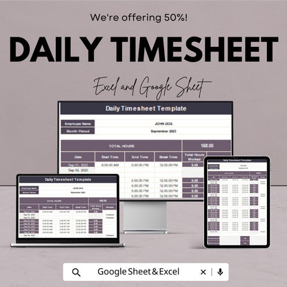 Daily Timesheet Template | Excel & Google Sheets | Employee Time Tracker | Work Hours Log | Instant Download
