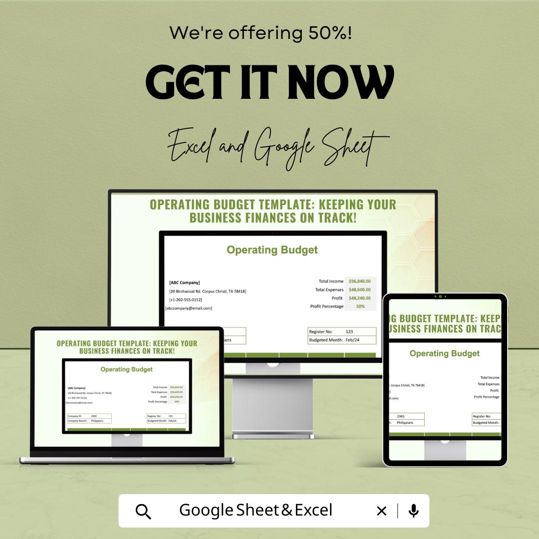 Operating Budget Template | Business Operating Budget Spreadsheet | Excel and Google Sheets Budget Planner | Expense & Income Tracker