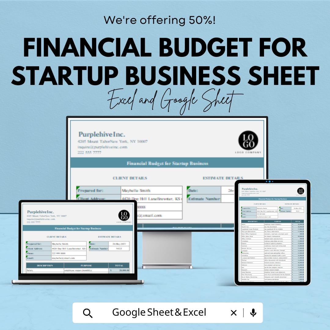 Financial Budget for startup Business Sheet | Excel and Google Sheets Template | Startup Financial Planning & Budgeting Tool