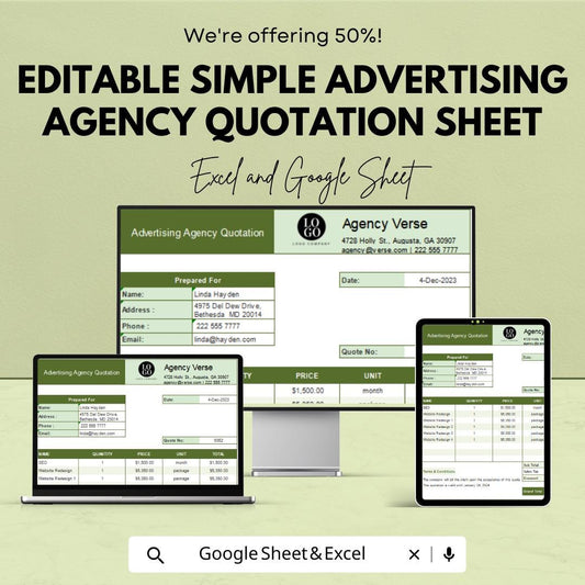 Editable Simple Advertising Agency Quotation Sheet | Excel & Google Sheets Template | Customizable Pricing Sheet for Agencies |