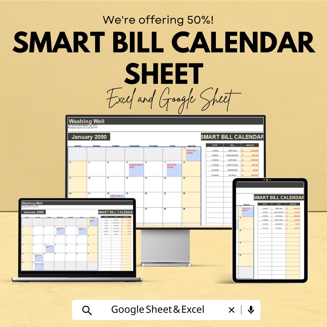 Smart Bill Calendar Template - Excel & Google Sheets - Track Bills and Due Dates - Organize Monthly Payments - Budget Management