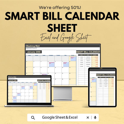 Smart Bill Calendar Template - Excel & Google Sheets - Track Bills and Due Dates - Organize Monthly Payments - Budget Management