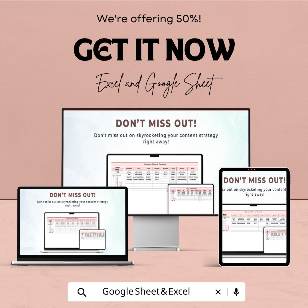 Content Planner Template | Social Media Content Calendar | Blog Planner Spreadsheet | Content Strategy Planner | Marketing Planner