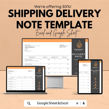 Shipping Delivery Note Template | Excel & Google Sheets | Printable Packing Slip | Delivery Receipt Form | Editable Business Document