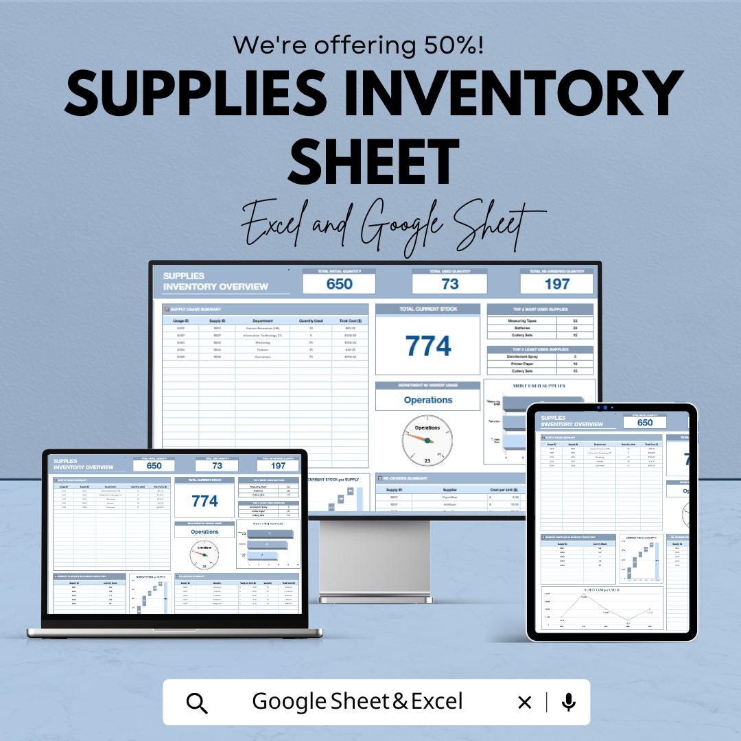 Supplies Inventory Sheet - Excel and Google Sheet Template for Real-Time Stock Tracking, Inventory Management & Reporting
