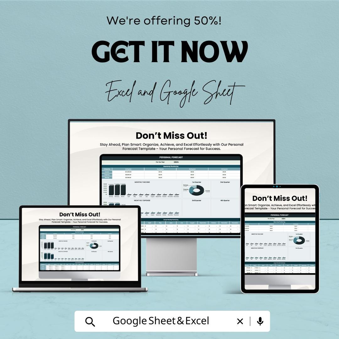 Personal Forecast Template | Personal Planning Spreadsheet | Goal and Expense Tracker | Excel & Google Sheets