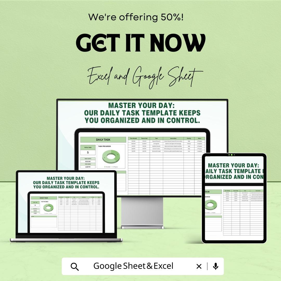 Daily Task Sheet | Excel and Google Sheets | Task Planner Template | Track Daily Tasks & Progress | To-Do List with Priority and Status |