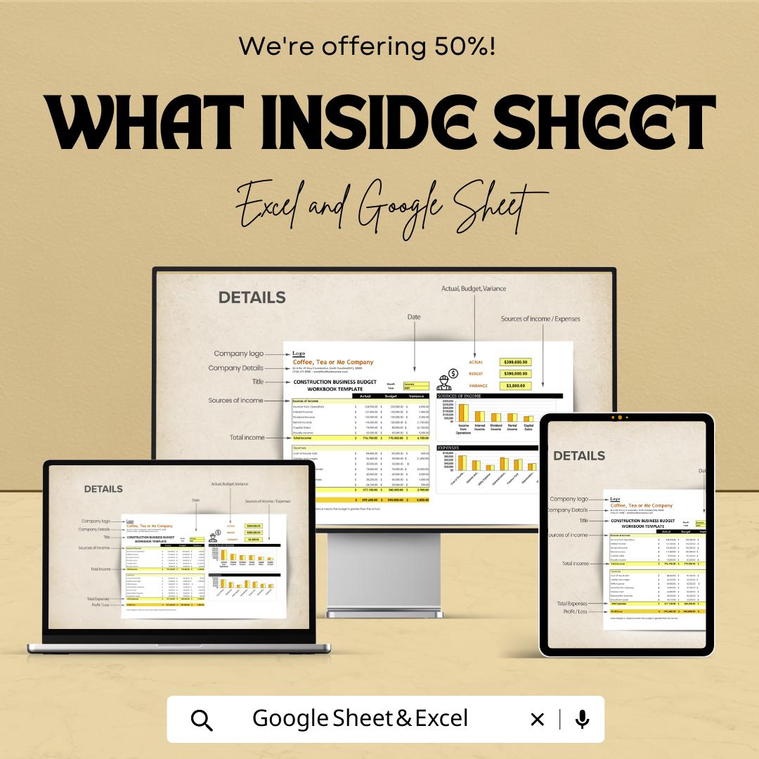 Construction Business Budget Workbook, Contractor Budget Template, Project Income Expense Tracker, Excel Google Sheets Budget