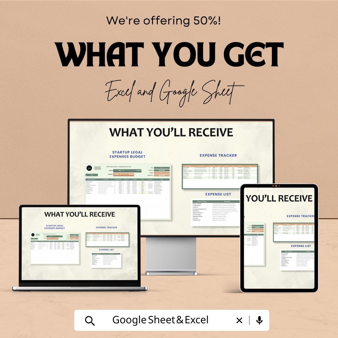 Startup Legal Expenses Budget Sheet | Excel & Google Sheets | Financial Management Template | Expense Tracker | Business Planning Tool