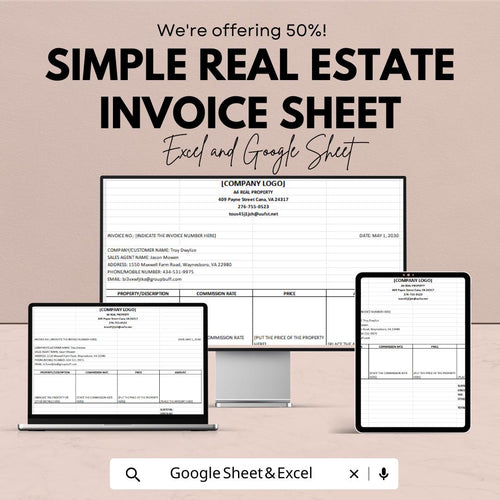 Simple Real Estate Invoice Template - Excel & Google Sheets - Easy-to-Use Invoice Tracker for Property Rentals