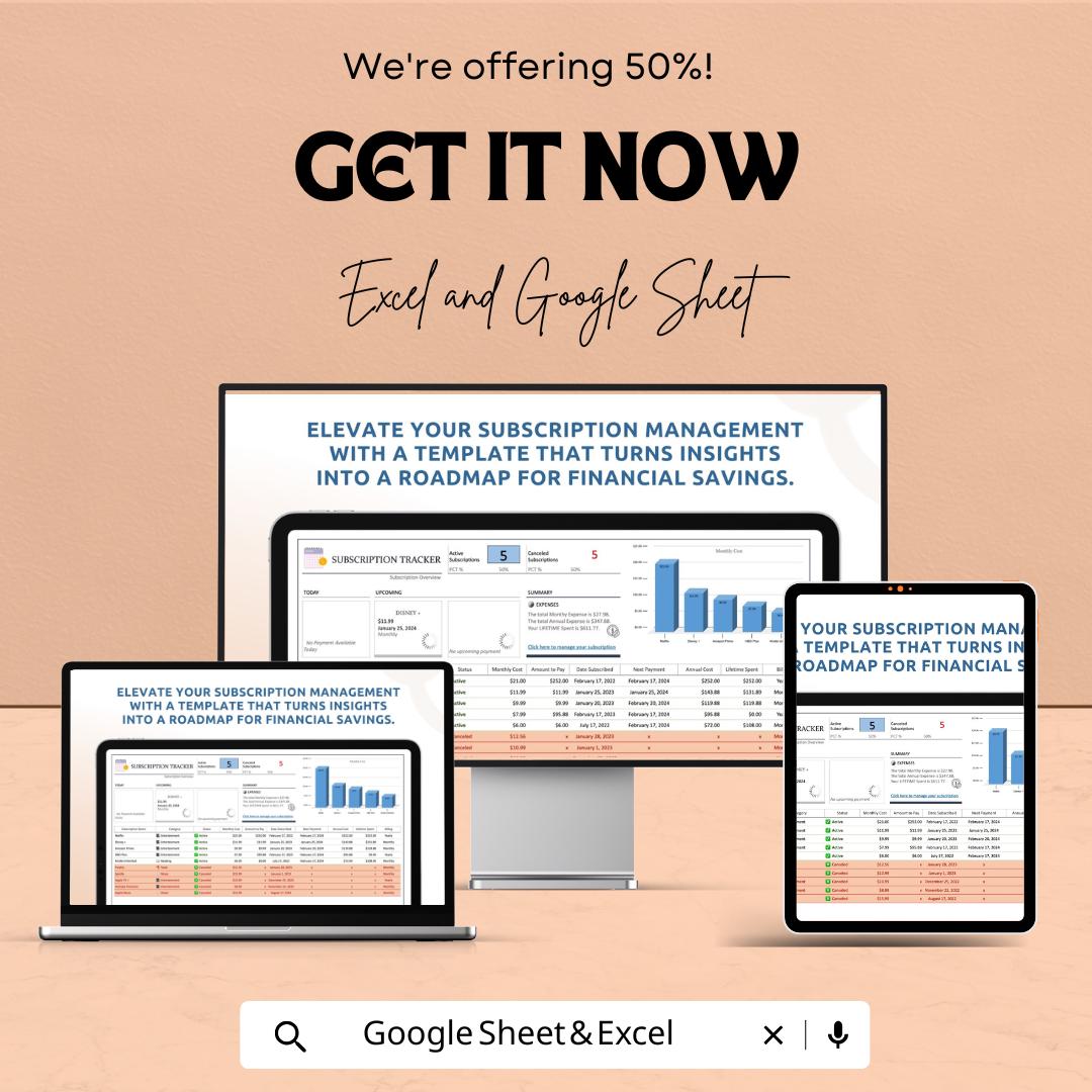 Subscription Tracker Sheet | Excel and Google Sheet | Subscription Management Template | Track Subscriptions & Costs | Budgeting Tool