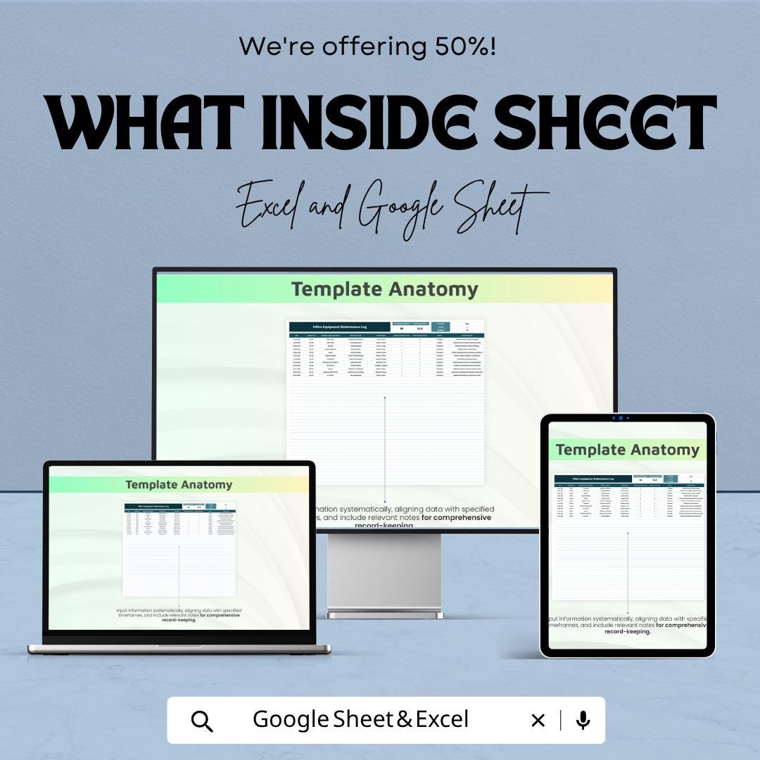 Office Equipment Maintenance Log Excel Template | Asset Tracker Spreadsheet | Service & Repair Log Google Sheets | Maintenance Tracker