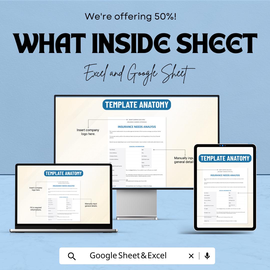 Insurance Needs Analysis Sheet - Excel & Google Sheets Template for Tailored Insurance Solutions - Comprehensive Coverage Planner