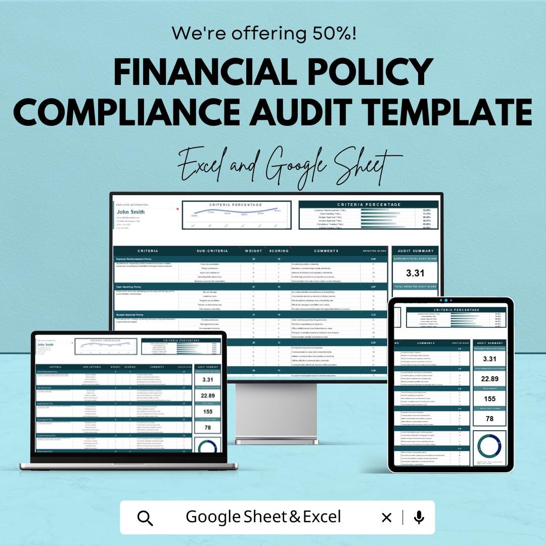 Financial Policy Compliance Audit Template | Internal Control Review | Regulatory Compliance Checklist | Audit Scoring Tool