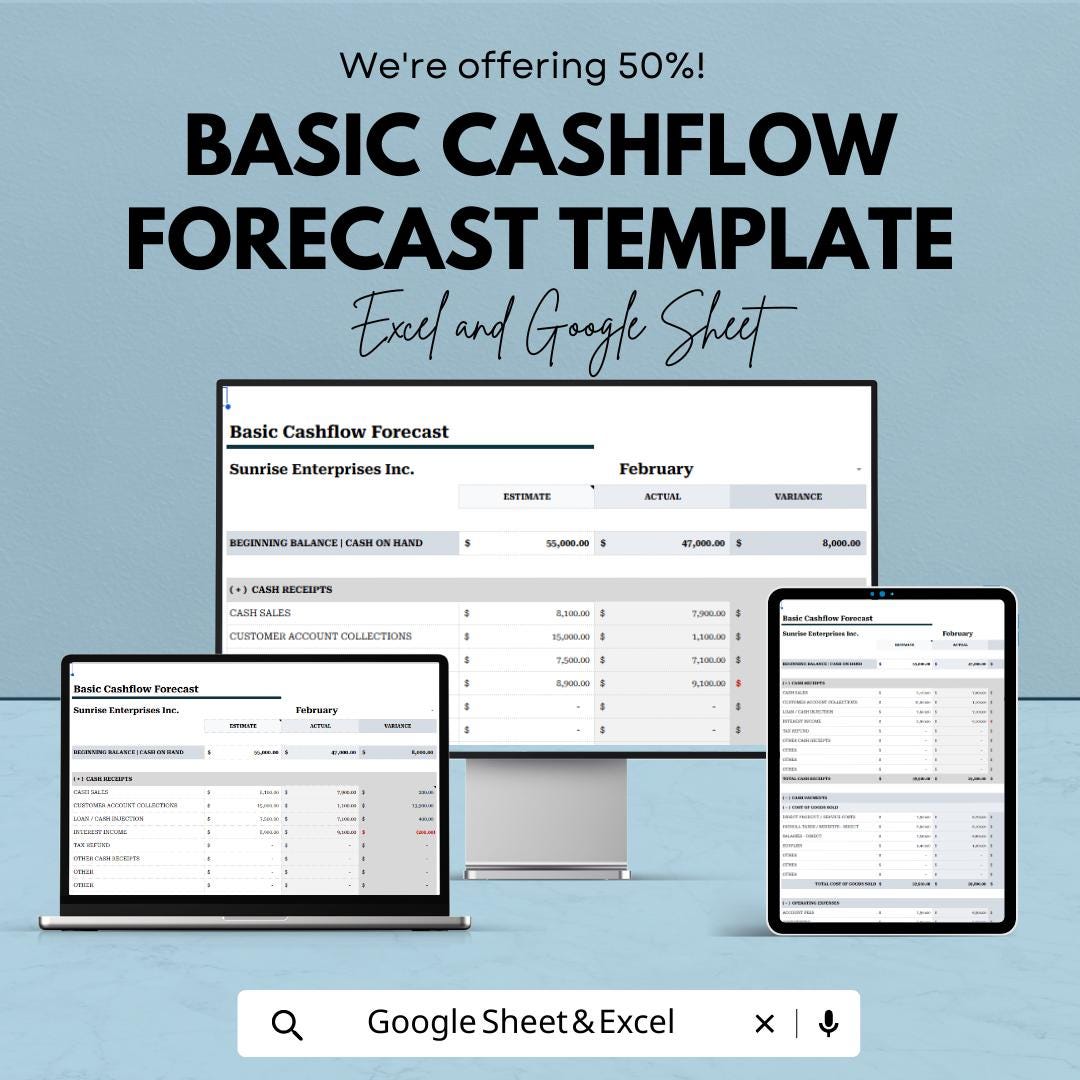 Basic Cashflow Forecast Template | Cash Flow Projection Spreadsheet | Budget and Expense Tracker | Excel and Google Sheets Finance Template