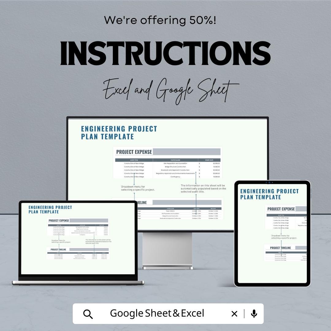 Engineering Project Plan Sheet | Excel & Google Sheets Template | Project Budgeting, Timeline Management, Task Assignment |
