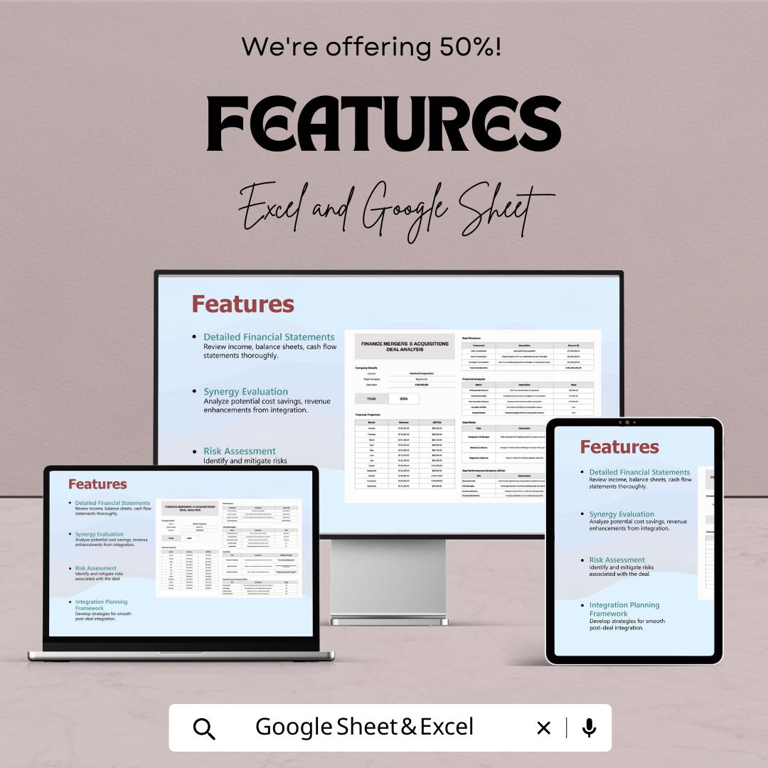 Finance Mergers & Acquisitions Deal Analysis Template | MandA Financial Model | Acquisition Valuation Tool | Excel and Google Sheets