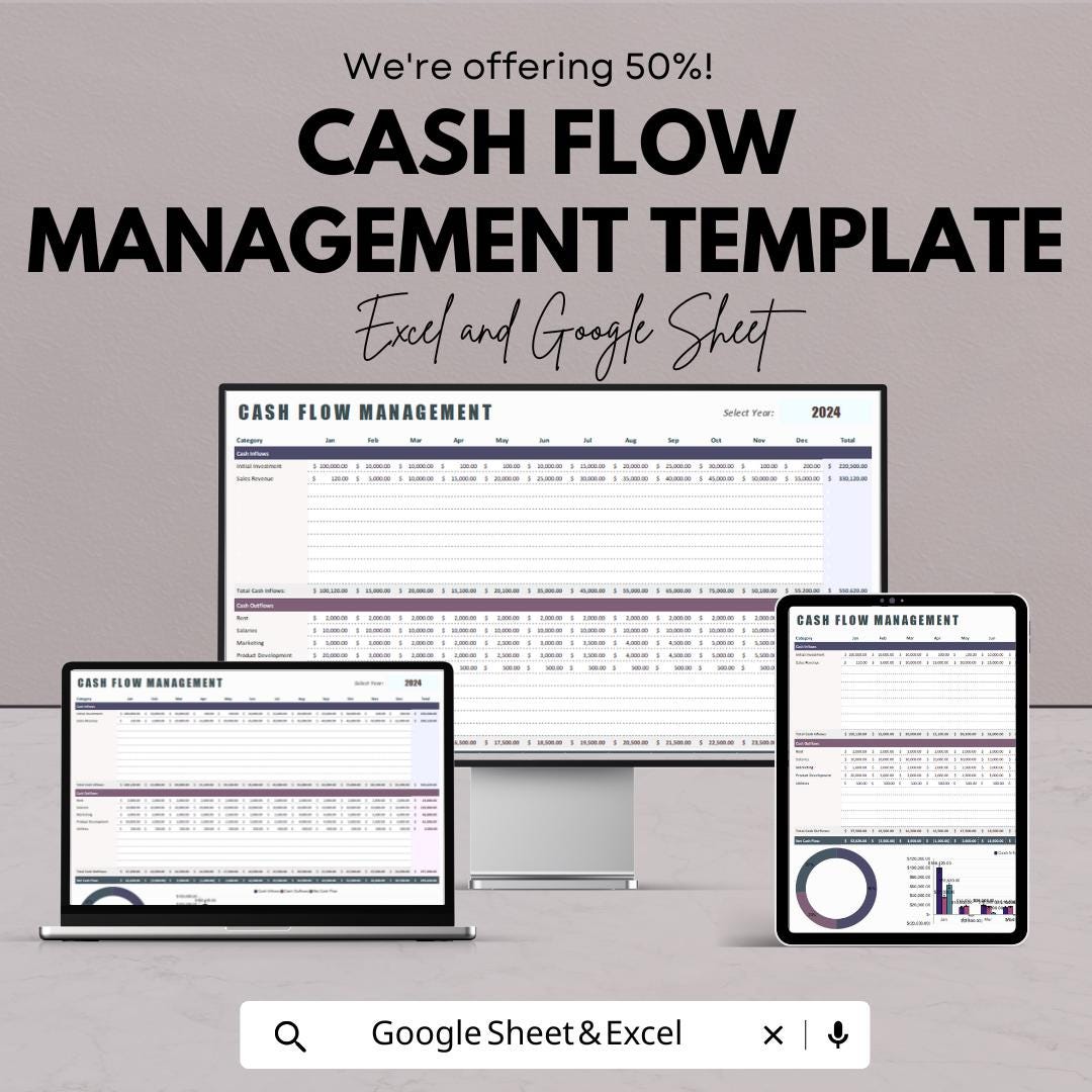 Cash Flow Management Template | Cash Flow Spreadsheet | Business Finance Tracker | Excel & Google Sheets | Cash Inflow Outflow Planner