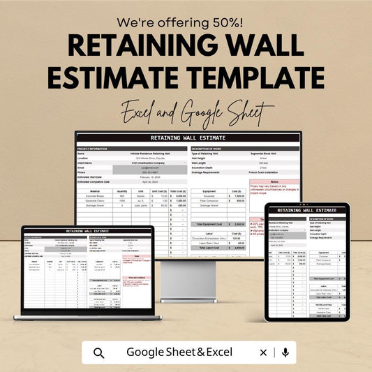 Retaining Wall Estimate Template Excel Google Sheets | Construction Estimate Template | Contractor Cost Calculator | Project Estimate Sheet