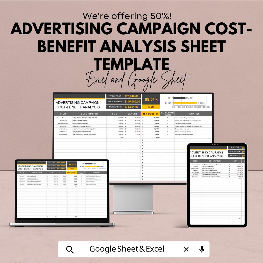 Advertising Campaign Cost-Benefit Analysis Sheet Template | Excel & Google Sheets ROI Calculator | Marketing Budget Spreadsheet