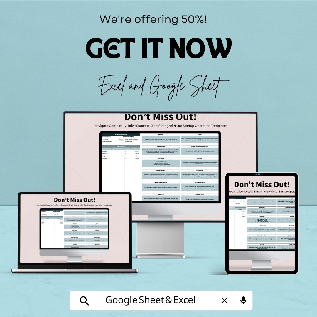 Startup Operation Template, Startup Planner Excel, Business Operations Sheet, Google Sheets Startup Plan, Startup Management Tracker