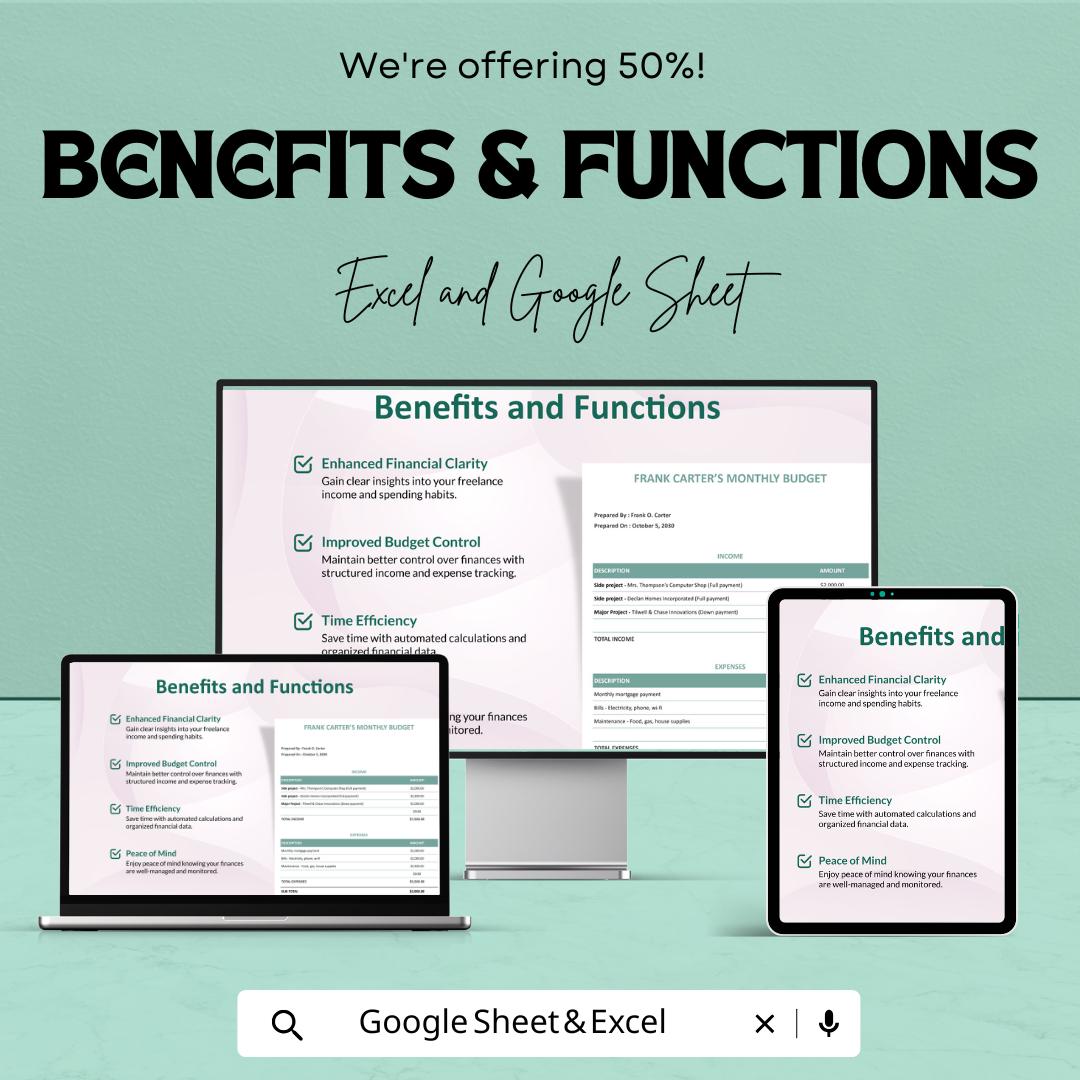 Sample Freelance Budget Sheet – Excel and Google Sheets Template | Track Income & Expenses | 50% Off