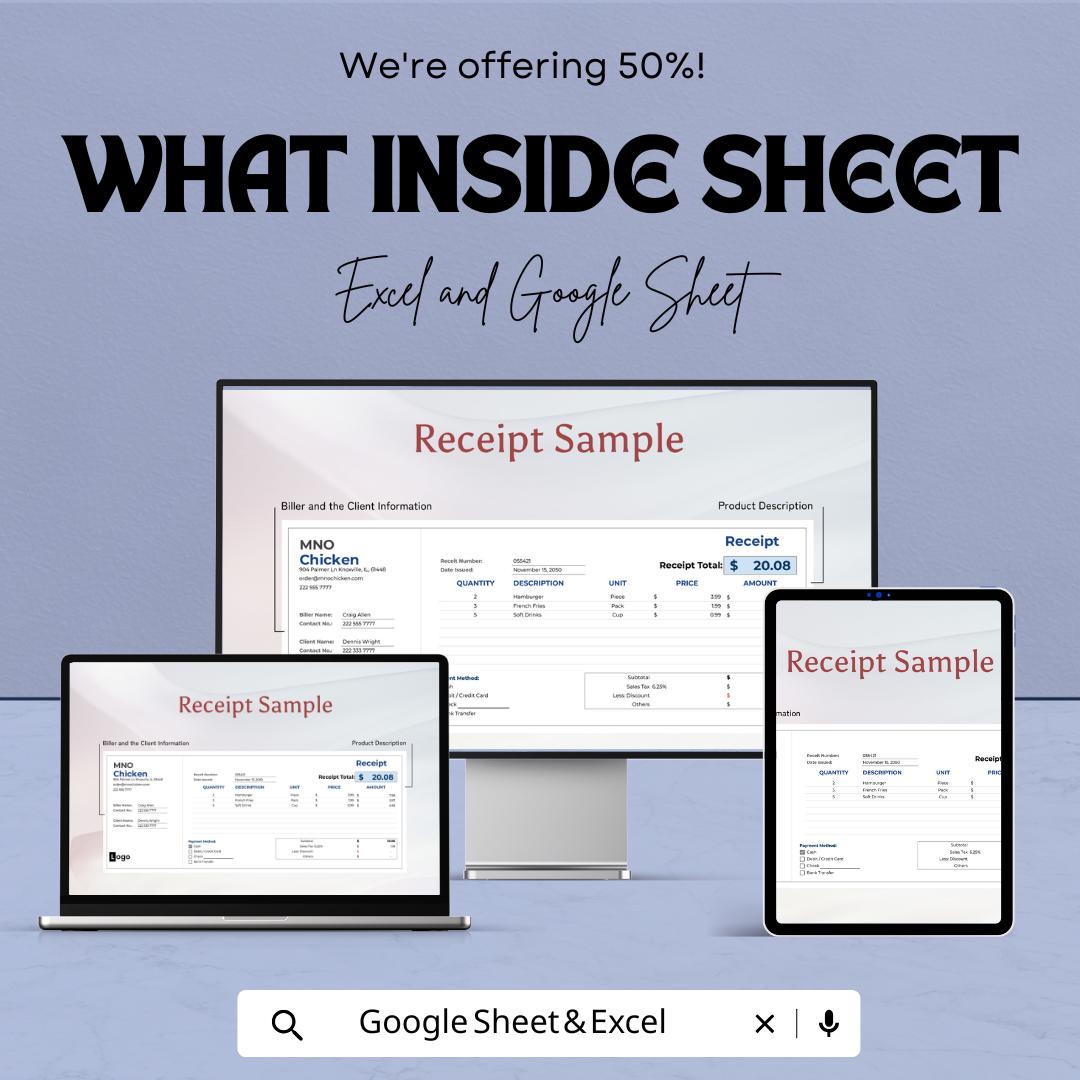 Receipt Sample Sheet for Excel & Google Sheets – Printable Receipt Template, Customizable Invoice, Transaction Record, 50% Off