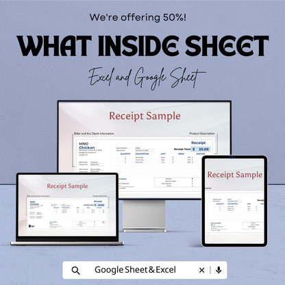 Receipt Sample Sheet for Excel & Google Sheets – Printable Receipt Template, Customizable Invoice, Transaction Record, 50% Off