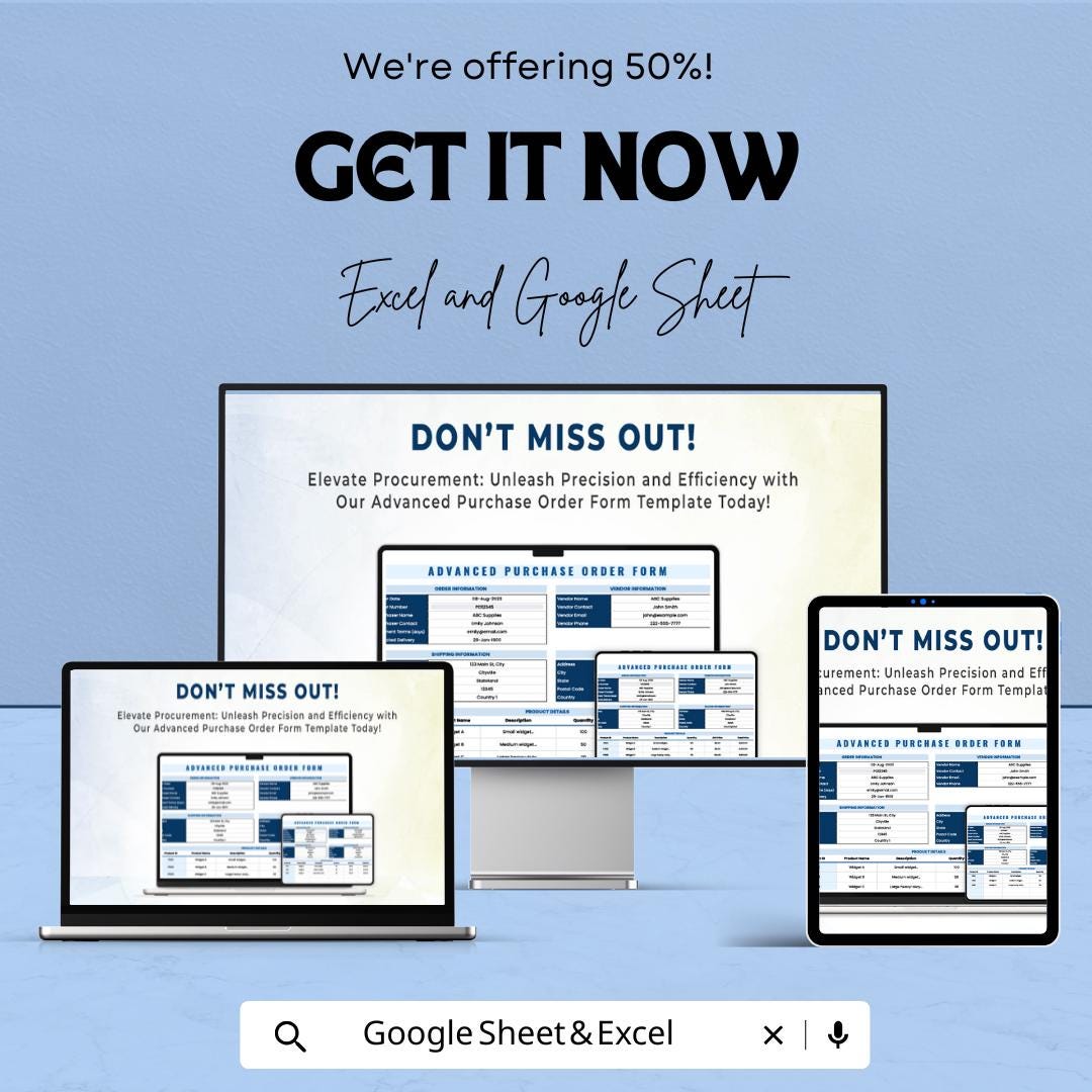 Advanced Purchase Order Form Sheet | Google Sheets Template | Vendor & Product Management | Automated Budget Tracking | Customizable