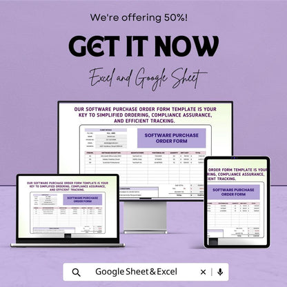 Software Purchase Order Form Template | Purchase Order Spreadsheet | Procurement Tracker Template | Business Order Form