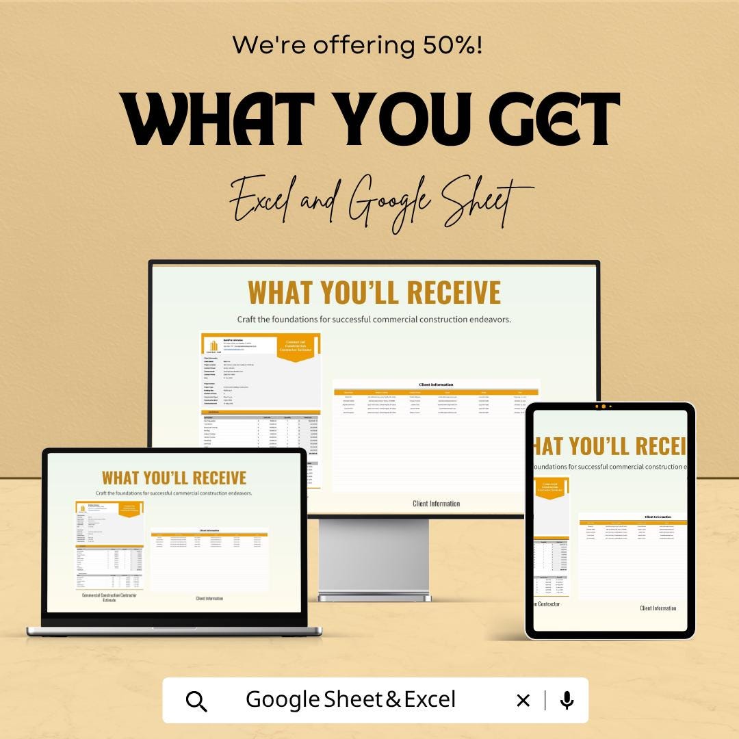 Commercial Construction Estimate Template Excel | Contractor Bid Template | Construction Cost Estimator | Proposal Spreadsheet |