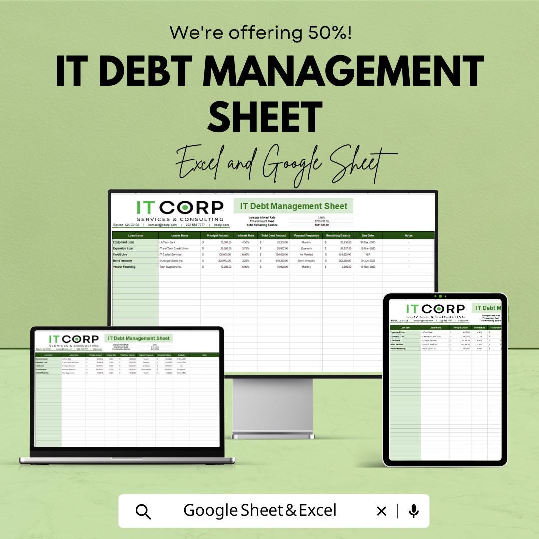 IT Debt Management Sheet Template | IT Debt Reporting Tool | Business Debt Organizer | Payment Tracking Spreadsheet