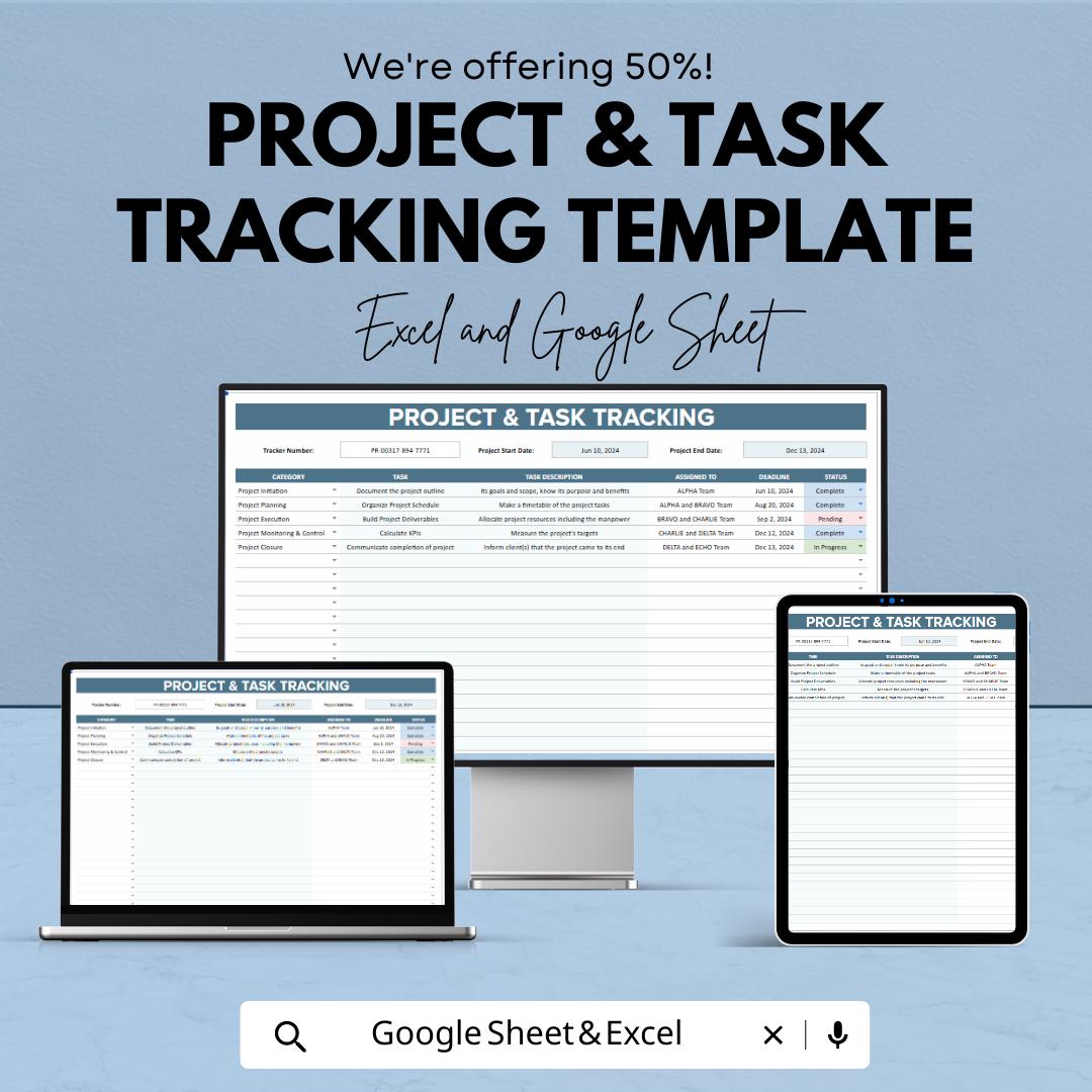 Project & Task Tracking Template, Project Management Spreadsheet, Task Manager, Team Task Tracker