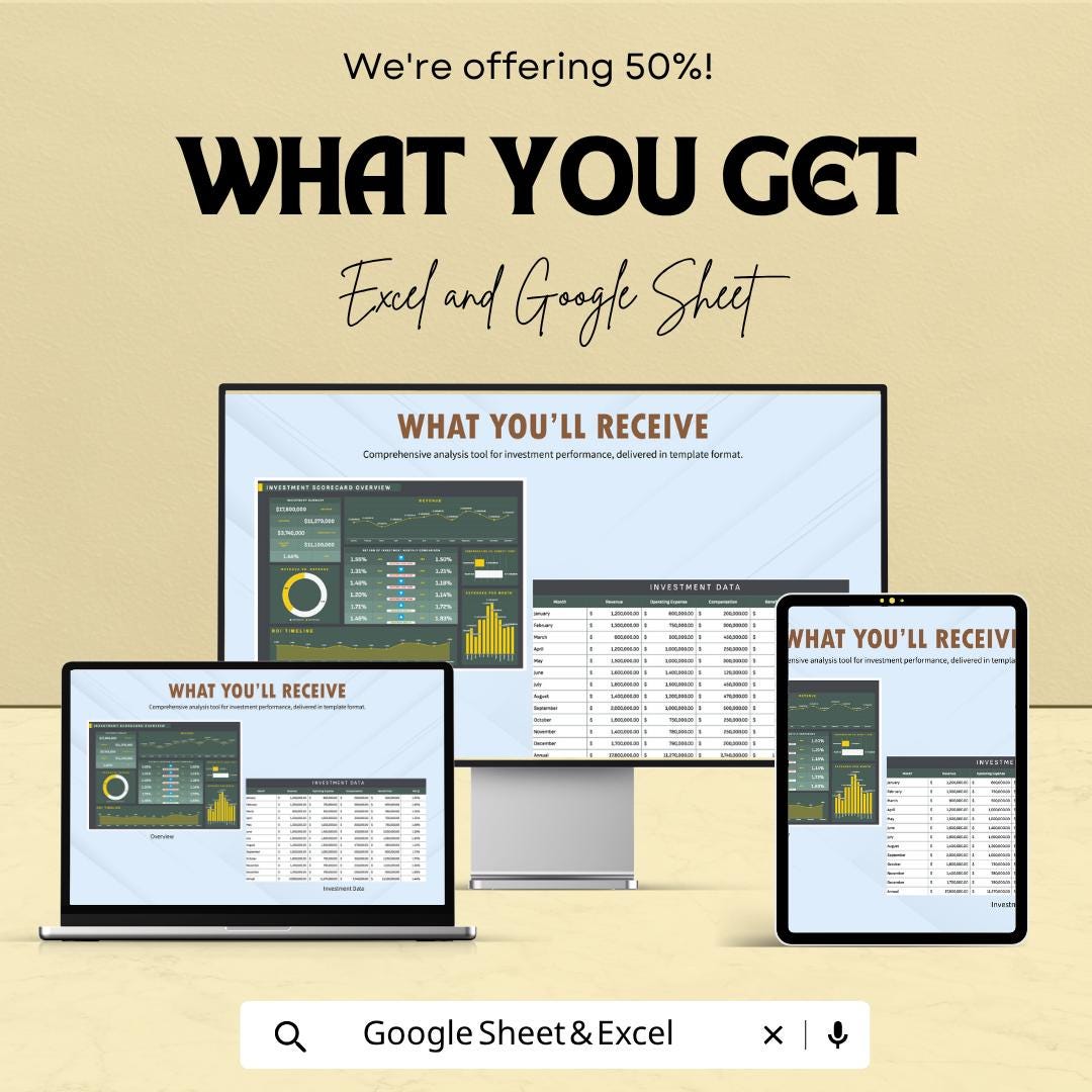 Investment Scorecard Template | ROI Tracker | Investment Analysis Dashboard | Portfolio Performance Tracker | Financial Planning Tool