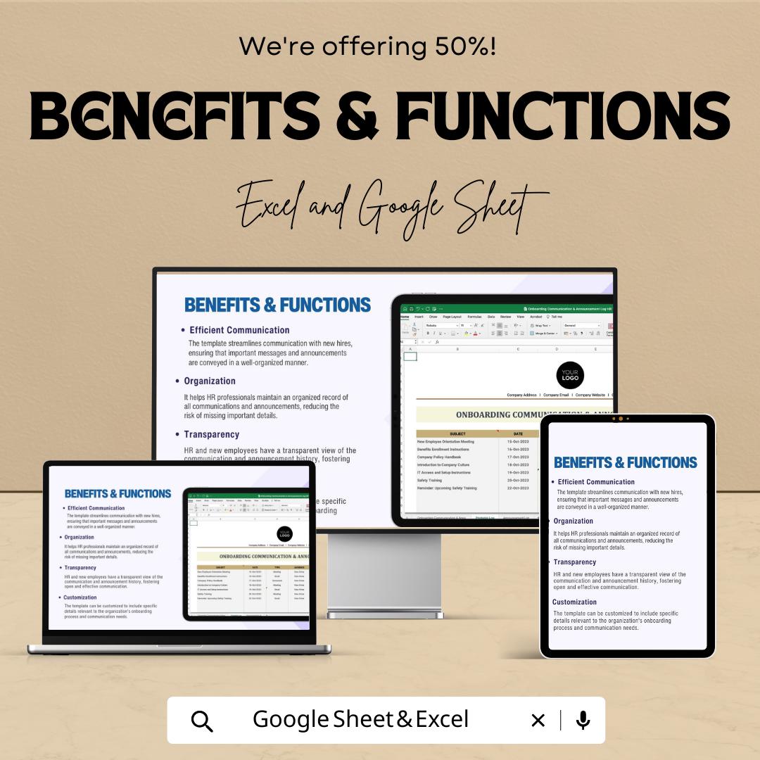 Onboarding Communication Log HR Template, Employee Announcement Tracker, New Hire Communication Sheet, HR Onboarding