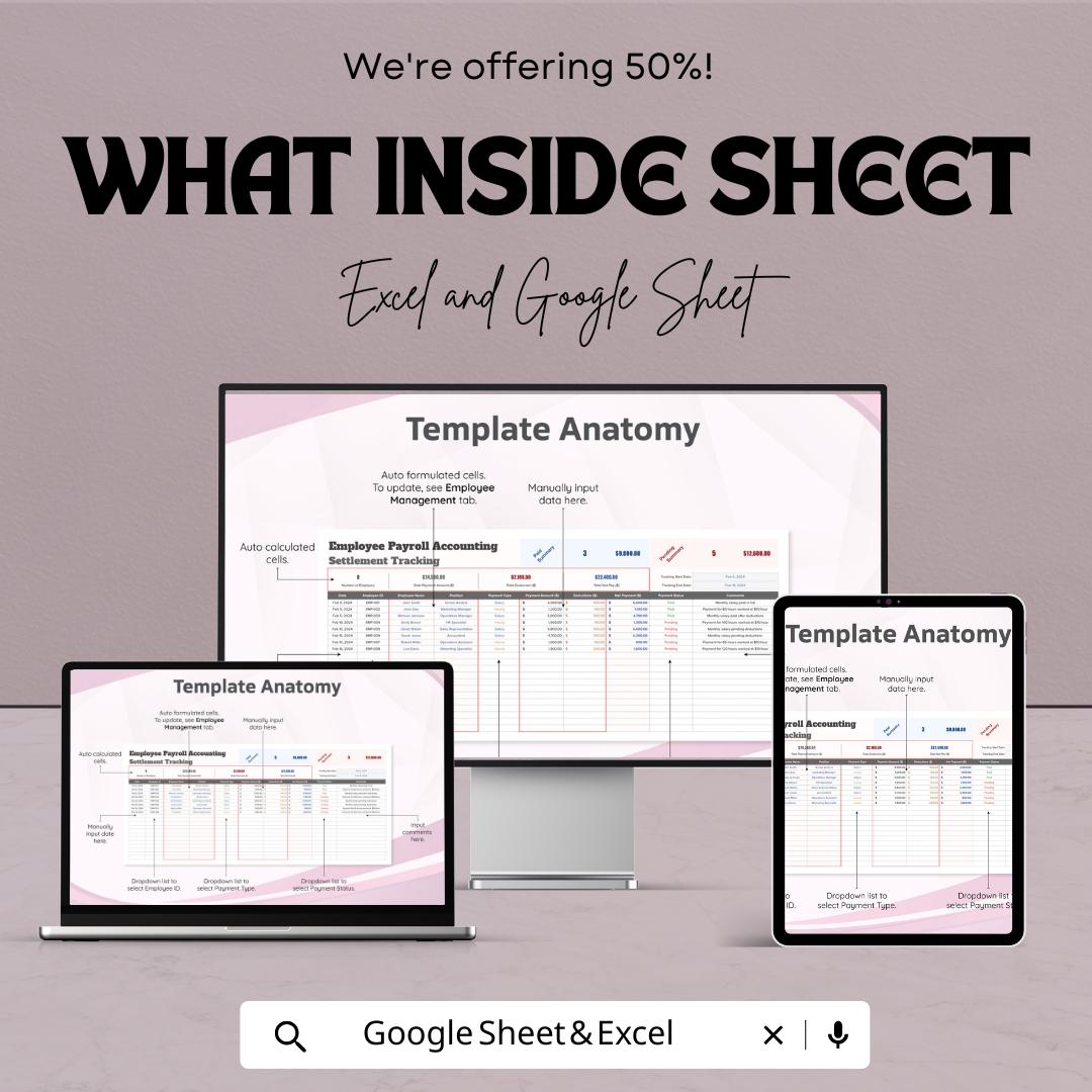 Employee Payroll Accounting Settlement Tracking Template | Automated Calculations, Payment Status Tracker, Employee Salary Management