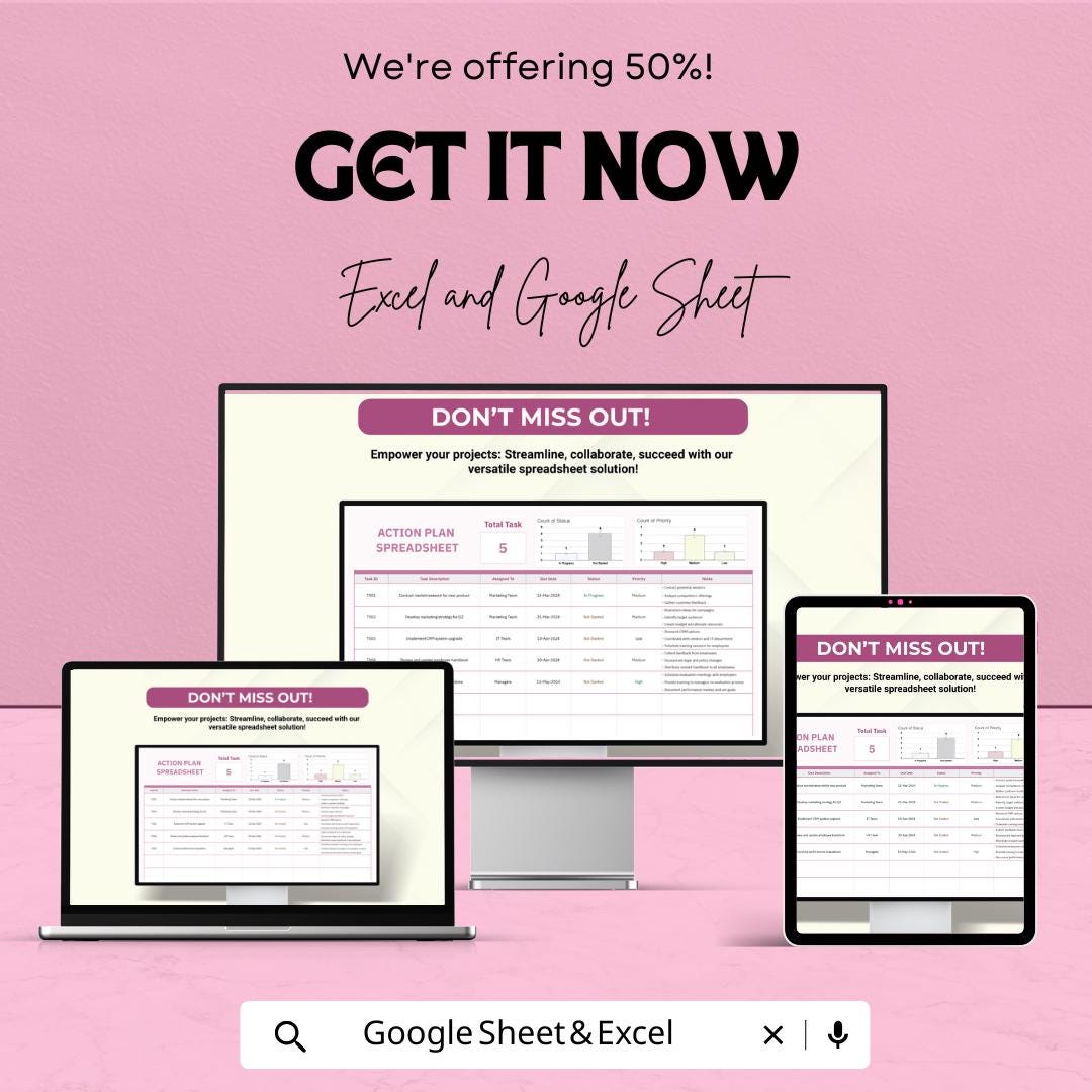 Action Plan Spreadsheet - Excel & Google Sheet Template for Task Management, Project Planning, Collaboration - 50% Off