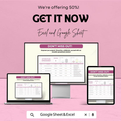 Action Plan Spreadsheet - Excel & Google Sheet Template for Task Management, Project Planning, Collaboration - 50% Off