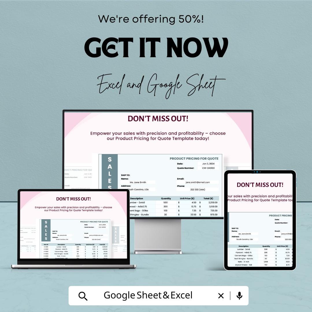 Sales Product Pricing for Quote Template | Excel & Google Sheet | Product Price List | Quote Generator | Sales Estimate Sheet for Business