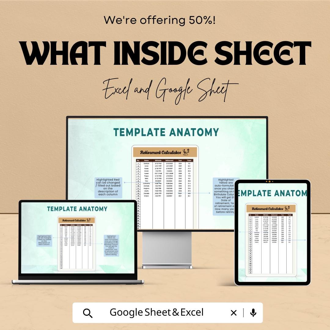 Retirement Calculator Template | Retirement Age Calculator | Planning Worksheet | Editable Spreadsheet | Retirement Tracker