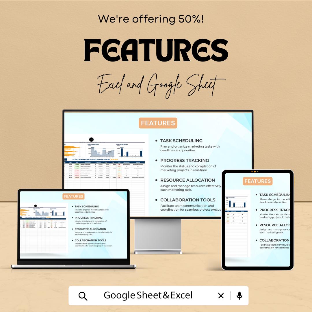 Startup Marketing Project Management Tracker Sheet | Excel & Google Sheets Template | Marketing Task Tracker | Project Timeline