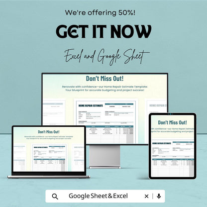 Home Repair Estimate Template | Contractor Quote Sheet | Excel & Google Sheets Estimate | Renovation Budget Planner | Editable Cost Form