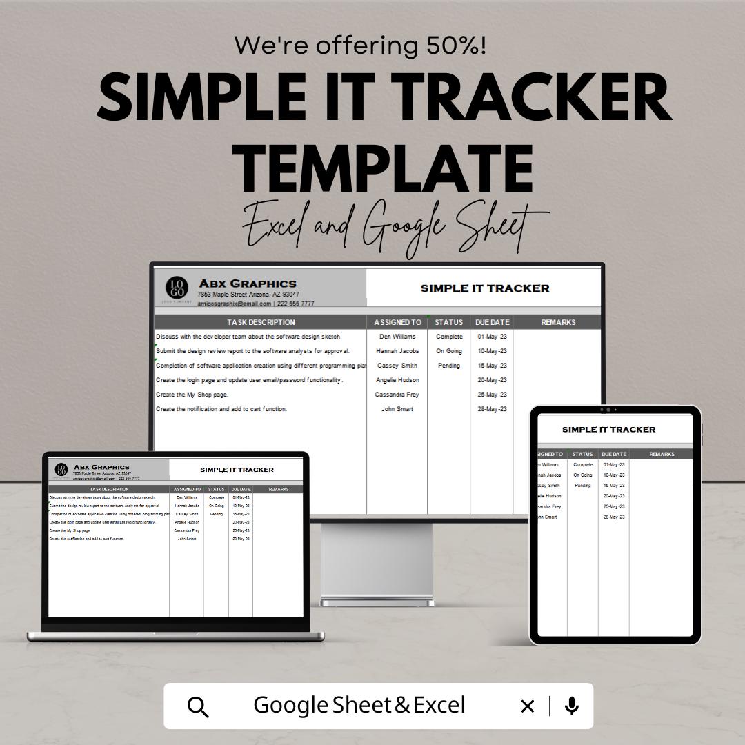 Simple IT Tracker Template | Project Management Spreadsheet | Task Tracker | IT Workflow Organizer | Editable Template