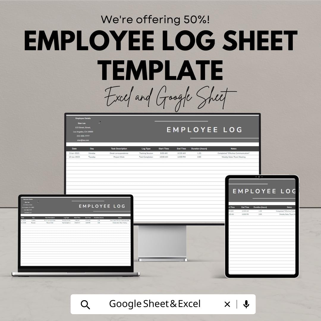 Employee Log Sheet Template Excel, Work Hours Tracker, Staff Daily Log, Attendance and Task Tracker, Google Sheets HR Spreadsheet