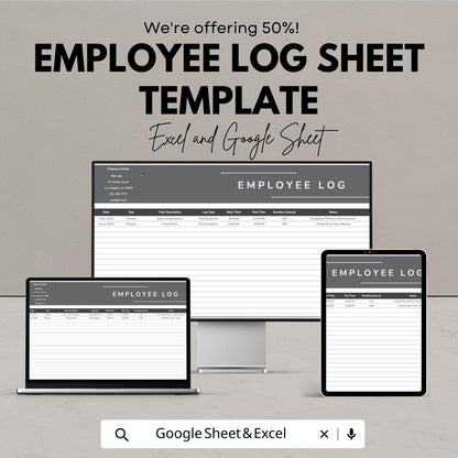 Employee Log Sheet Template Excel, Work Hours Tracker, Staff Daily Log, Attendance and Task Tracker, Google Sheets HR Spreadsheet