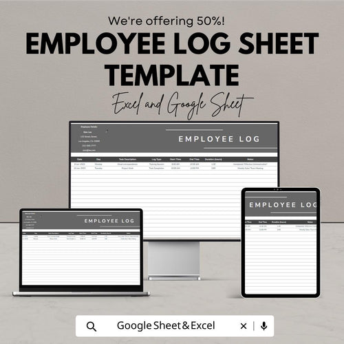 Employee Log Sheet Template Excel, Work Hours Tracker, Staff Daily Log, Attendance and Task Tracker, Google Sheets HR Spreadsheet
